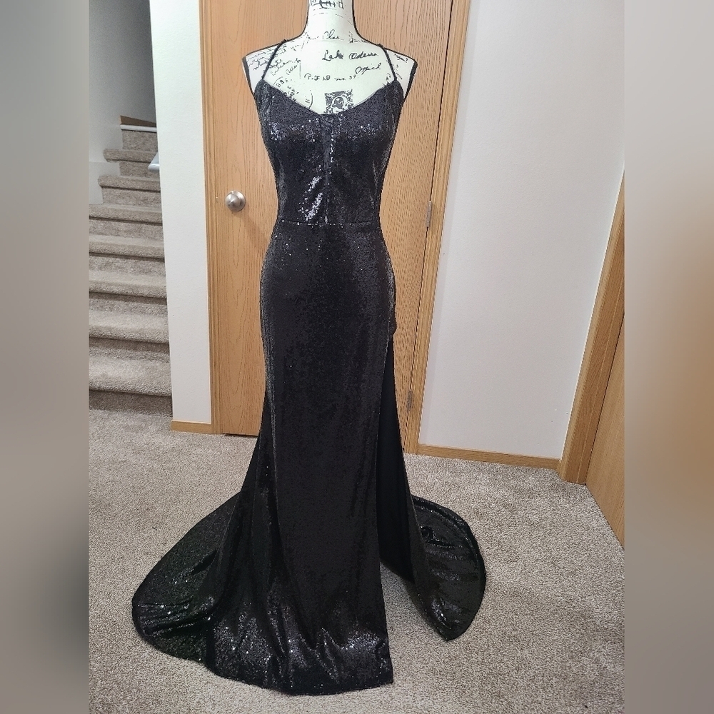 Morilee 48023 sequin sheer lace high slit beaded strap prom formal pageant dress - Picture 2 of 10